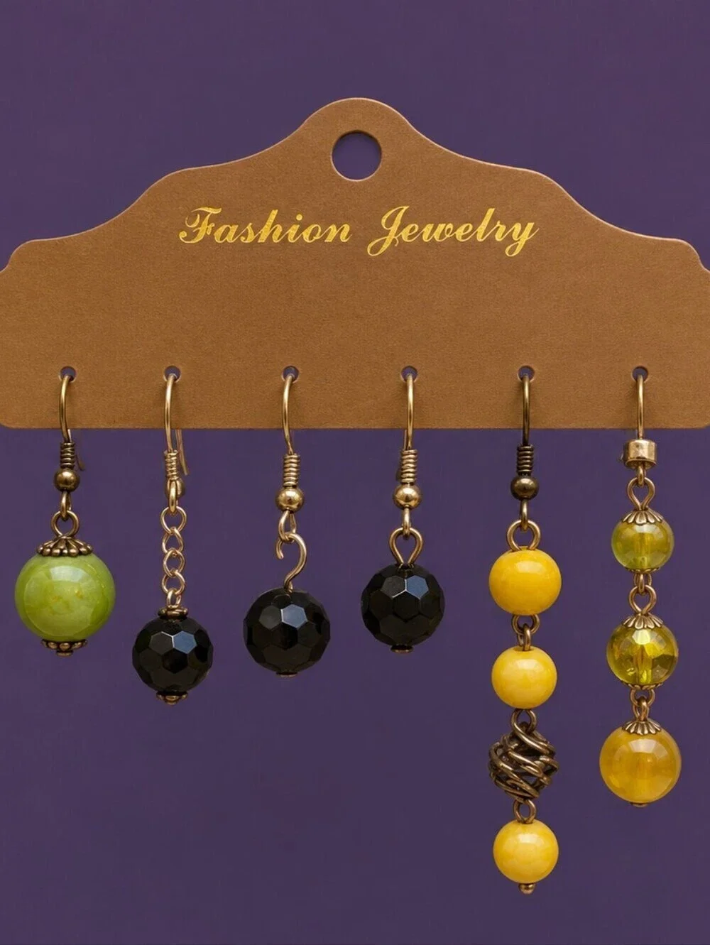 Vintage One Black Pair and Four Green and Yellow Single Dangle Earrings Set